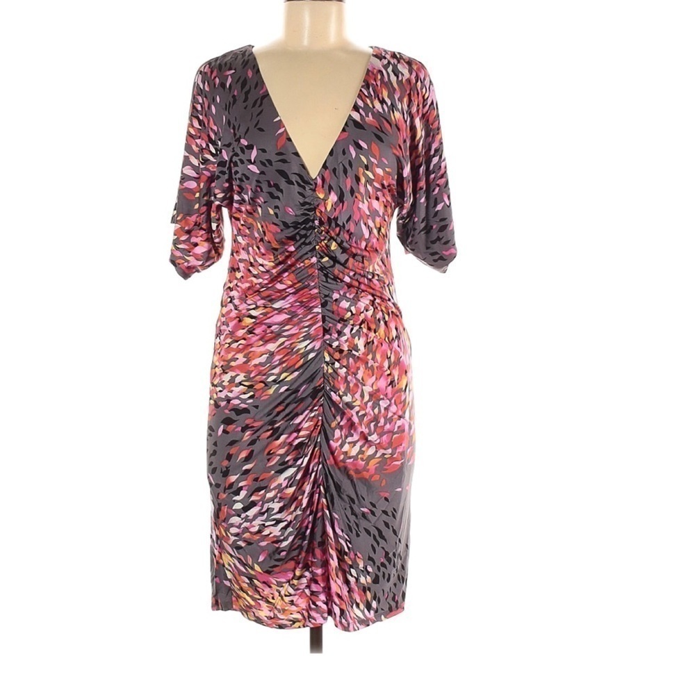 ALI Ro Pewter Flame Jersey Ruched V Neck Dress